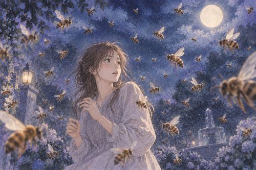 夜の空間でたくさんの蜂に囲まれる人物の夢