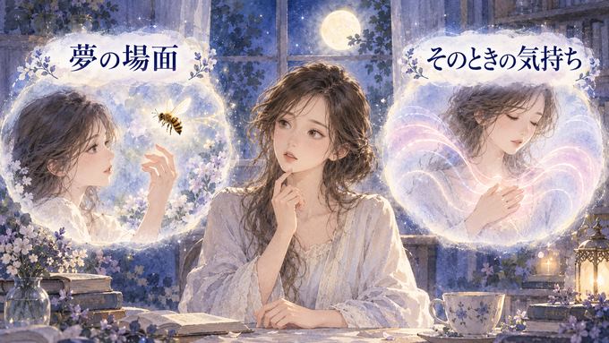 蜂に刺された夢の場面と、そのときの気持ちを分けて見つめる女性の図