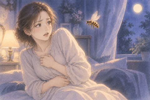 蜂に驚き胸とお腹をかばうように身を守る人物