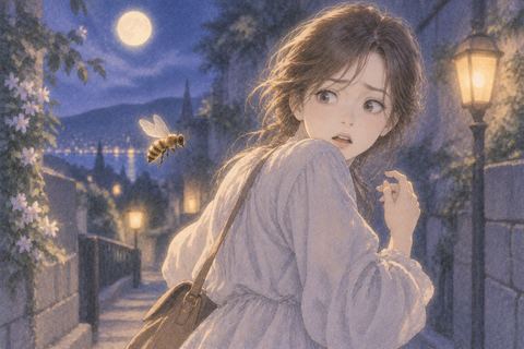 背後の蜂に気づいて振り返る人物