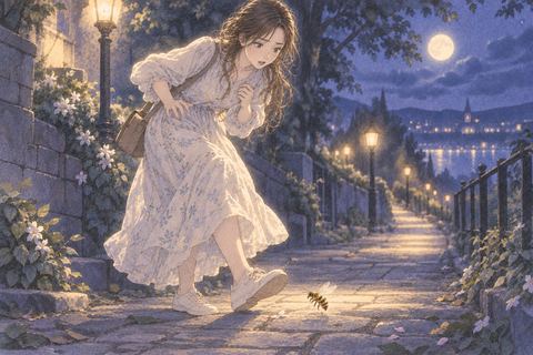 夜道で足元の蜂に驚き歩みを止める人物
