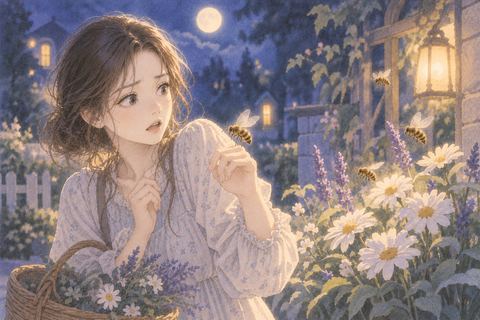 花のそばでミツバチに驚く人物