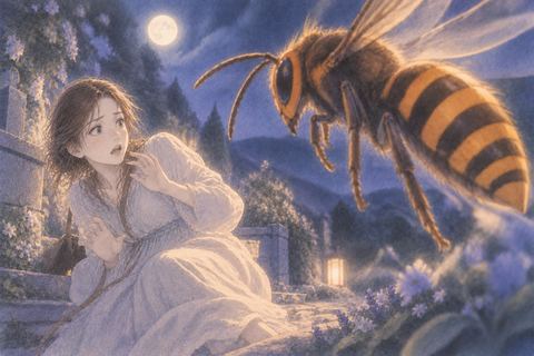 大きな蜂を前に身を引く人物
