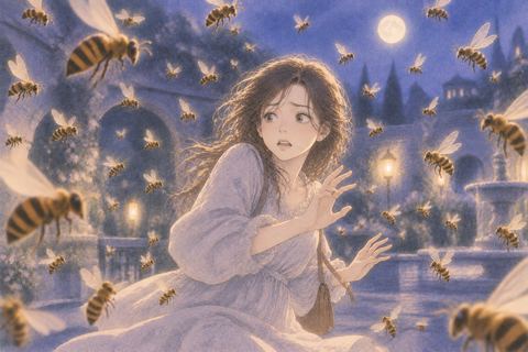 多くの蜂に囲まれ逃げ道を探す人物