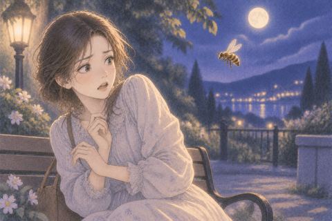 静かな夜に突然近づいた一匹の蜂へ驚く人物
