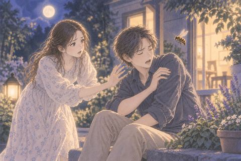 蜂に驚く家族へ心配そうに近づく人物