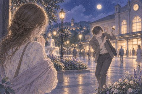 蜂に驚く見知らぬ人を少し離れて見て戸惑う人物