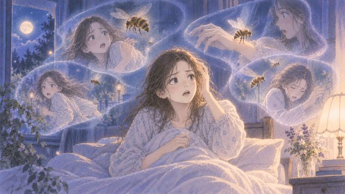 似た蜂の夢の場面が半透明に重なって見える人物