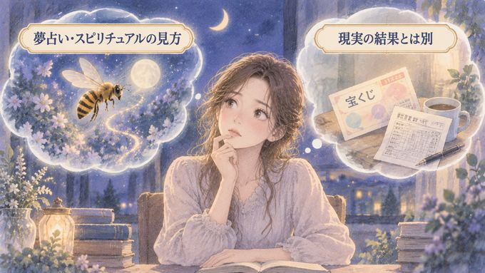 蜂の夢の象徴と宝くじの結果を別々に見つめる女性の図
