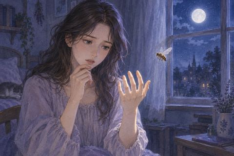 蜂が手に触れたあと痛みがなく、不思議そうに手を見る人物