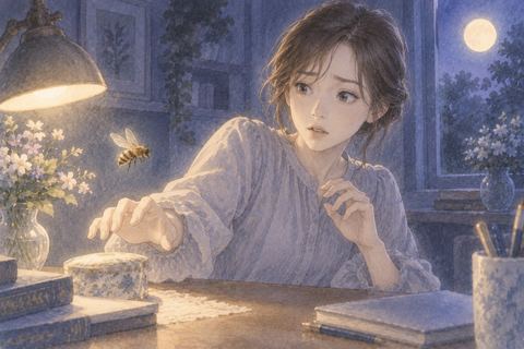 物へ手を伸ばしたところで蜂に驚き手を止める人物
