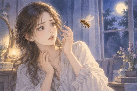 顔の近くを飛ぶ蜂に驚き、首元へ手を添える人物