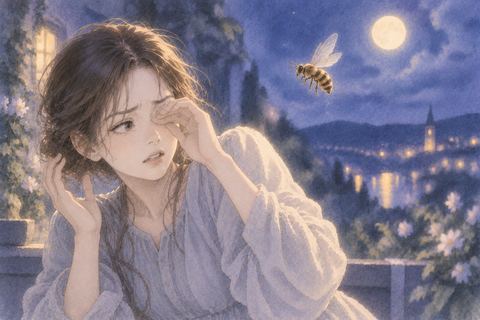 目元をかばいながら蜂から顔をそらす人物