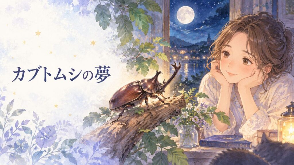 夜の窓辺でカブトムシを見つめる大人の女性
