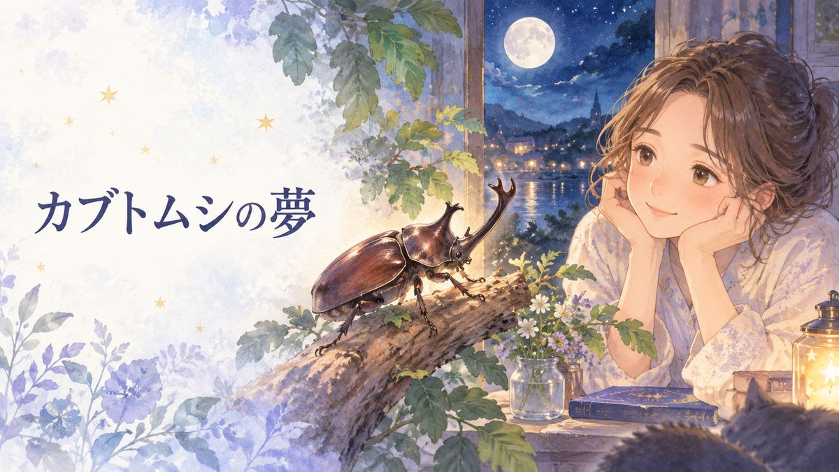 夜の窓辺でカブトムシを見つめる大人の女性