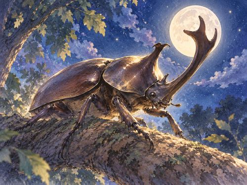 夜の木の枝にとまる大きなカブトムシ