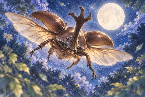 夜空からこちらへ飛んでくるカブトムシ