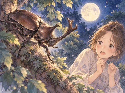 大きなカブトムシを前に少し身を引く女性