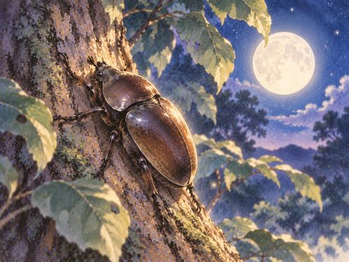 木の幹に静かにとまるメスのカブトムシ