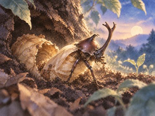 さなぎから羽化するカブトムシ