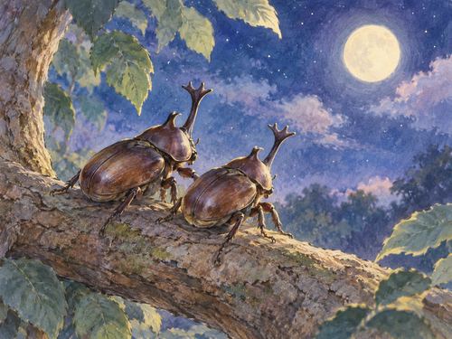 夜の木の枝で寄り添う二匹のカブトムシ