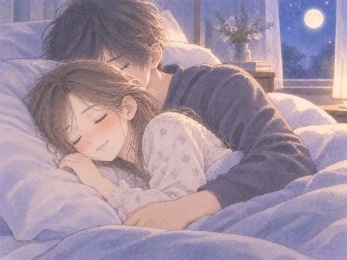 眠りながら隣の人に優しく抱きしめられる女性