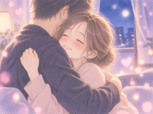 抱きしめられて嬉しそうに微笑む女性
