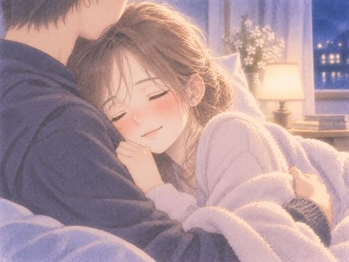 抱きしめられてほっと目を閉じる女性