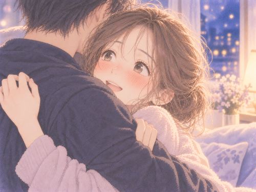 抱きしめられて頬を赤らめる女性