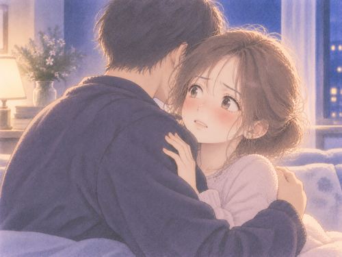 抱擁に戸惑い距離を取りたそうな女性