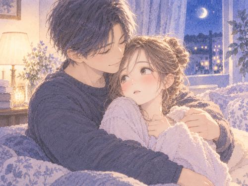 親しい異性に穏やかに抱きしめられる女性