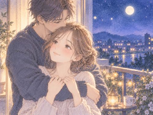 異性に後ろから包むように抱きしめられる女性