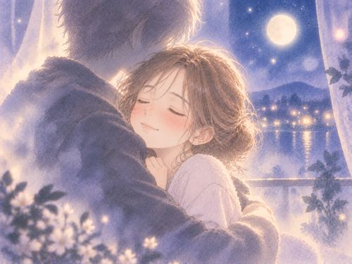 顔のぼんやりした人物に抱かれて安心する女性