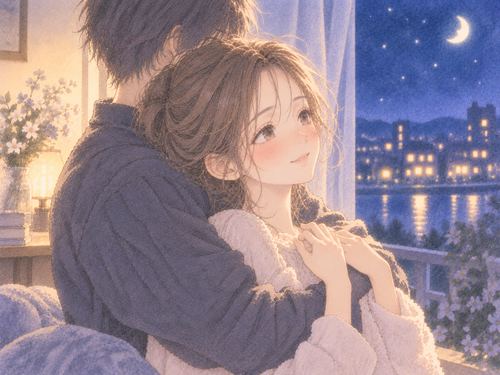 背後の人物からそっと抱きしめられる女性