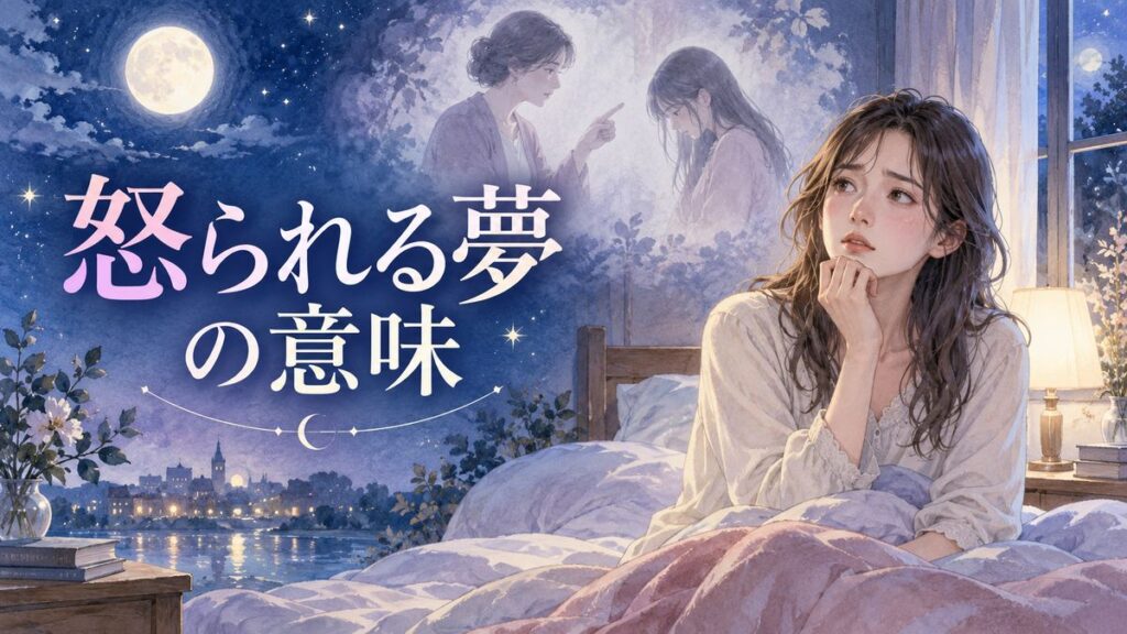 夜の部屋で目覚めた女性と、背後に浮かぶ怒られる夢の場面