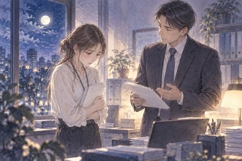 夜色のオフィスで上司に注意される会社員の夢
