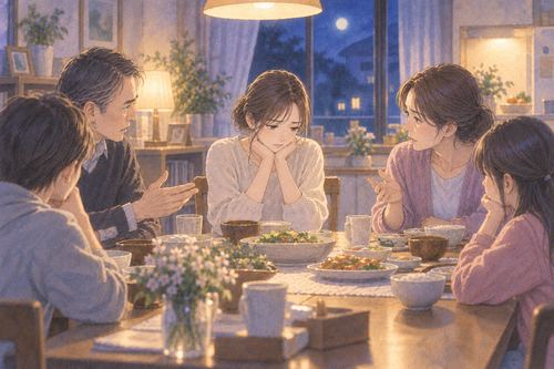 夜の食卓で家族から注意を受ける人物の夢