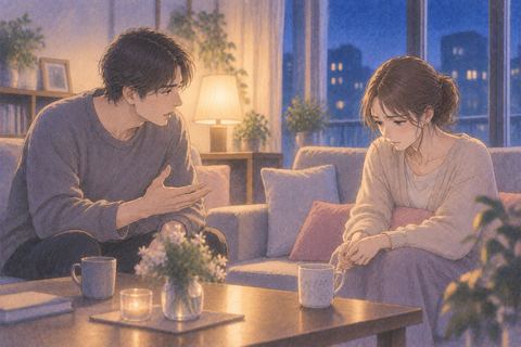 夜の部屋で彼氏に注意され不安そうにする人物の夢