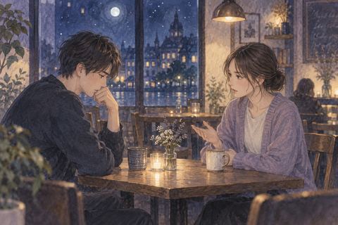 夜のカフェで異性から注意される人物の夢