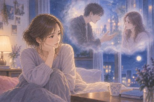 夜の夢の中で昔の恋人に注意される人物の場面