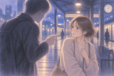 夜の駅のような場所で知らない人に注意される人物の夢