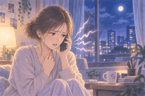夜の部屋で電話越しに注意され不安そうにする人物の夢