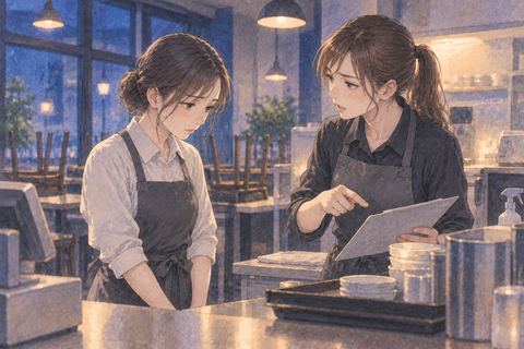 閉店後の店内で仕事を注意されるアルバイトの夢