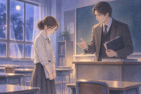 夜のような静かな教室で先生に注意される人物の夢