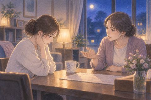夜の家で親から静かに注意される大人の人物の夢