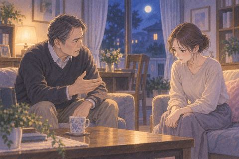 夜の居間で父親に注意される大人の人物の夢