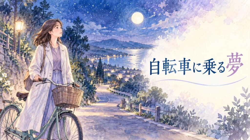 月明かりの夜道で自転車のそばに立ち、進む先を見つめる大人の女性