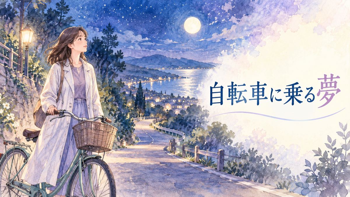月明かりの夜道で自転車のそばに立ち、進む先を見つめる大人の女性