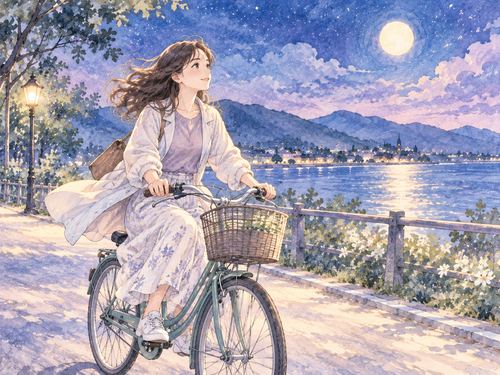 月明かりの穏やかな道を気持ちよく自転車で走る女性