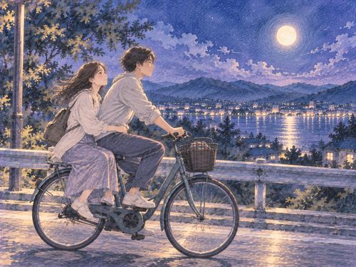夜道で大人二人が一台の自転車に二人乗りして進む場面